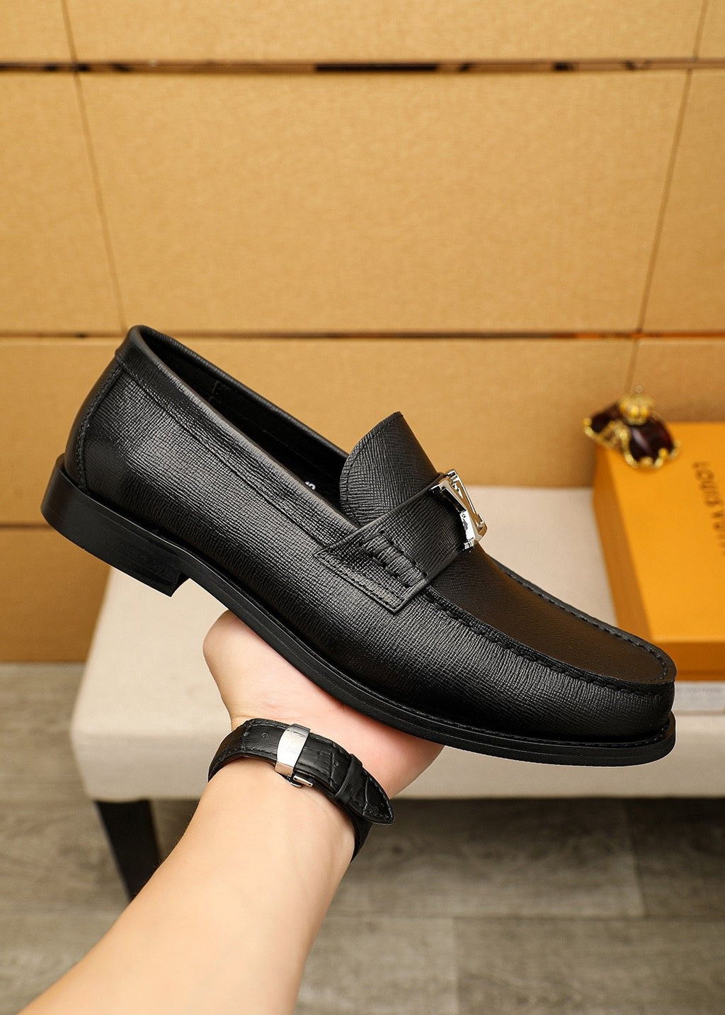 Louis Vuitton Black Leather Buckle Loafers — model