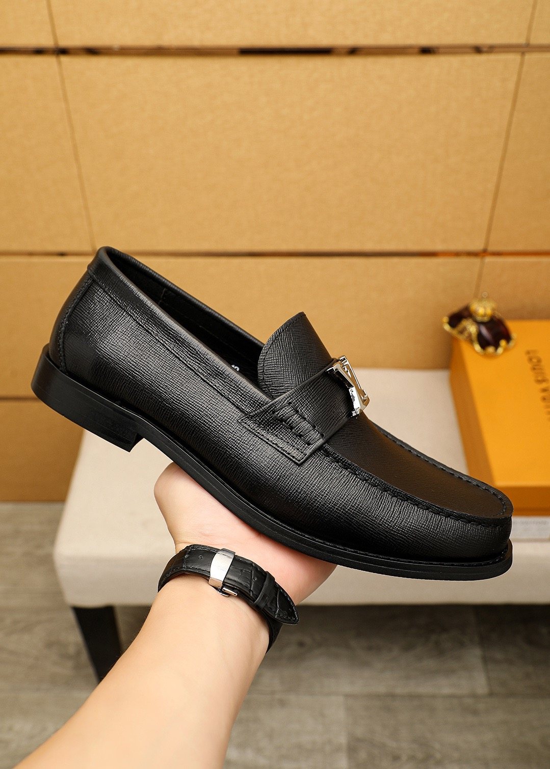 Louis Vuitton Black Leather Buckle Loafers — model