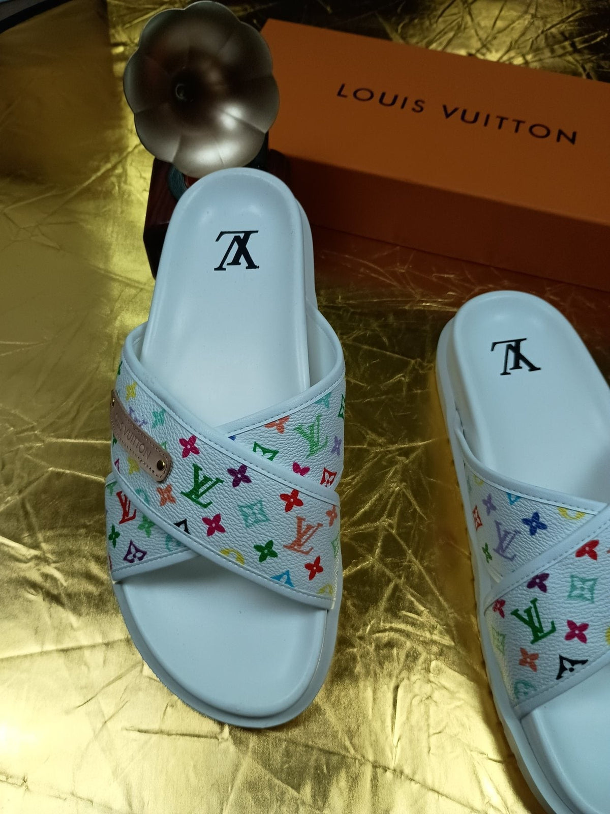 Louis Vuitton Multicolor Monogram Slide Sandals — detail