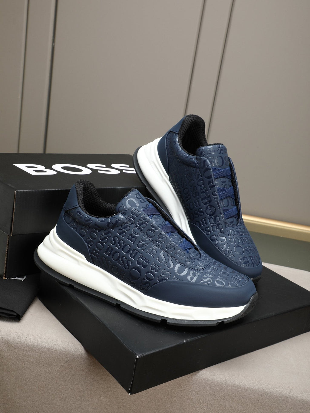 BOSS Navy Textured Slip-On Sneakers — hero