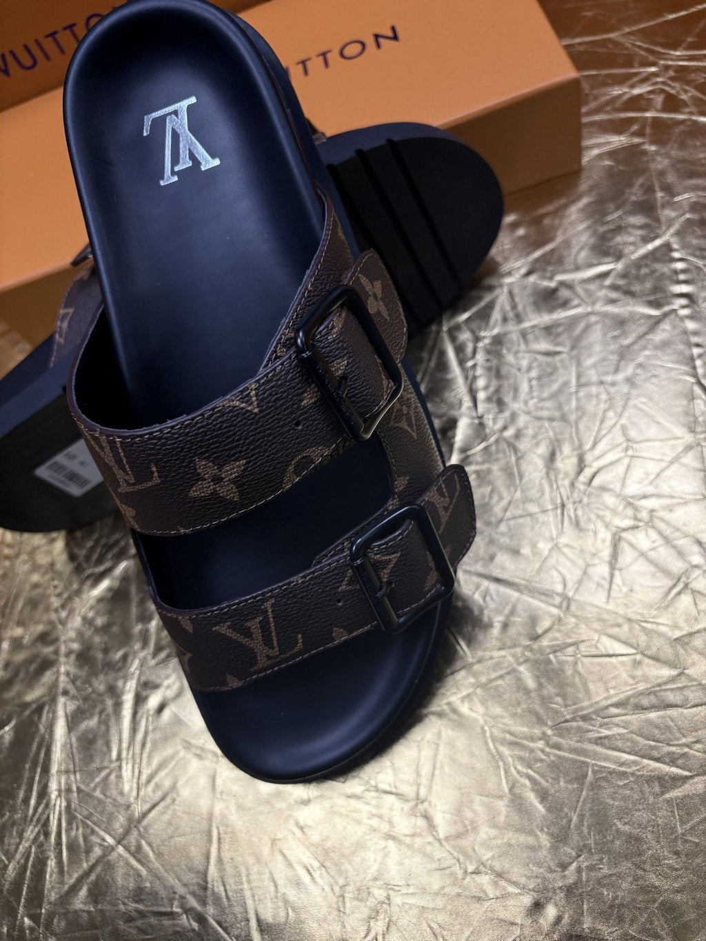 Louis Vuitton Monogram Double-Buckle Slide Sandals — detail