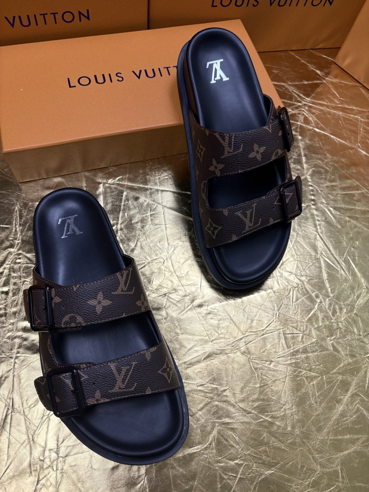 Louis Vuitton Monogram Double-Buckle Slide Sandals — front