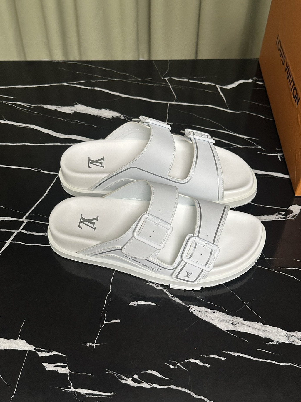 Louis Vuitton White Double-Buckle Slide Sandals — front