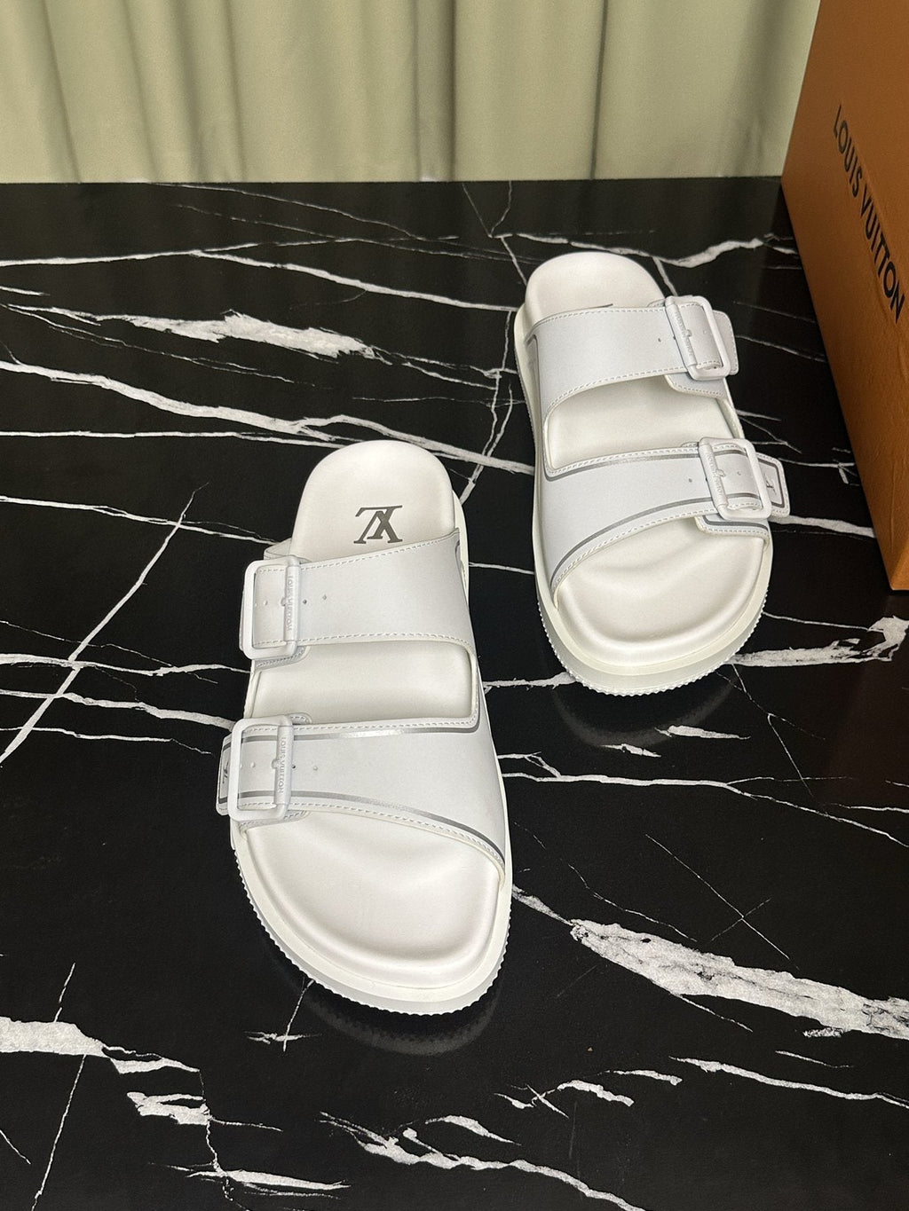 Louis Vuitton White Double-Buckle Slide Sandals — front