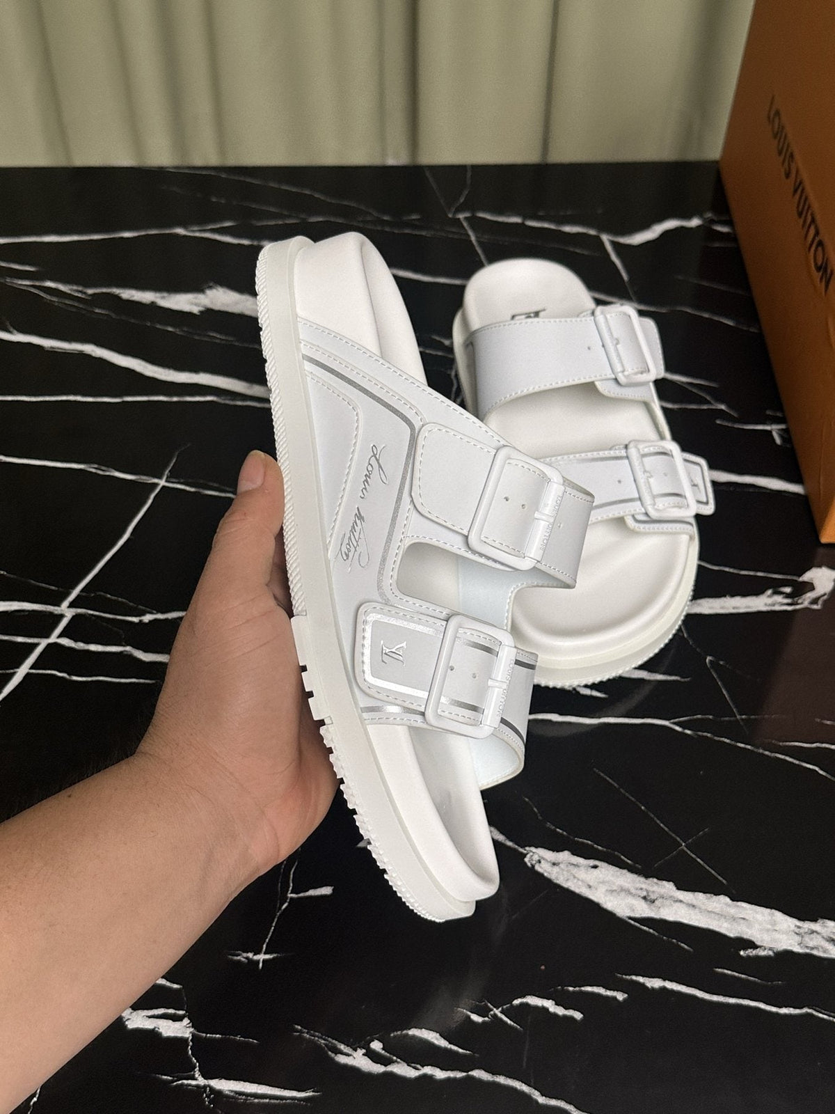Louis Vuitton White Double-Buckle Slide Sandals — side