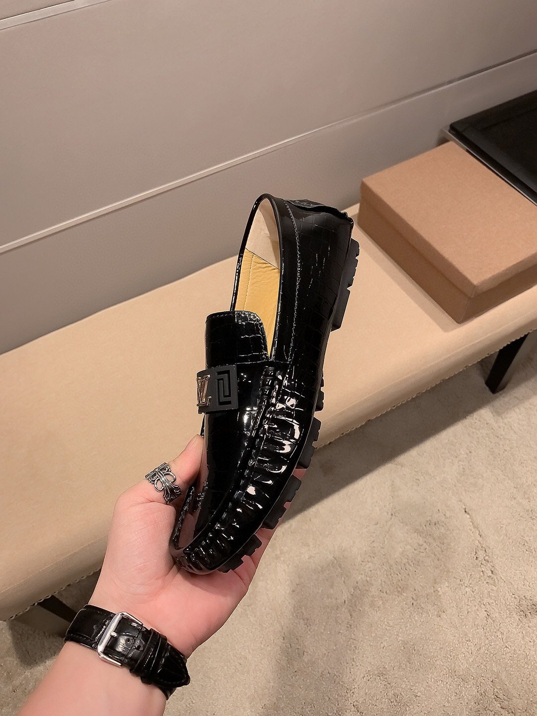 Louis Vuitton Black Embossed Loafers — side