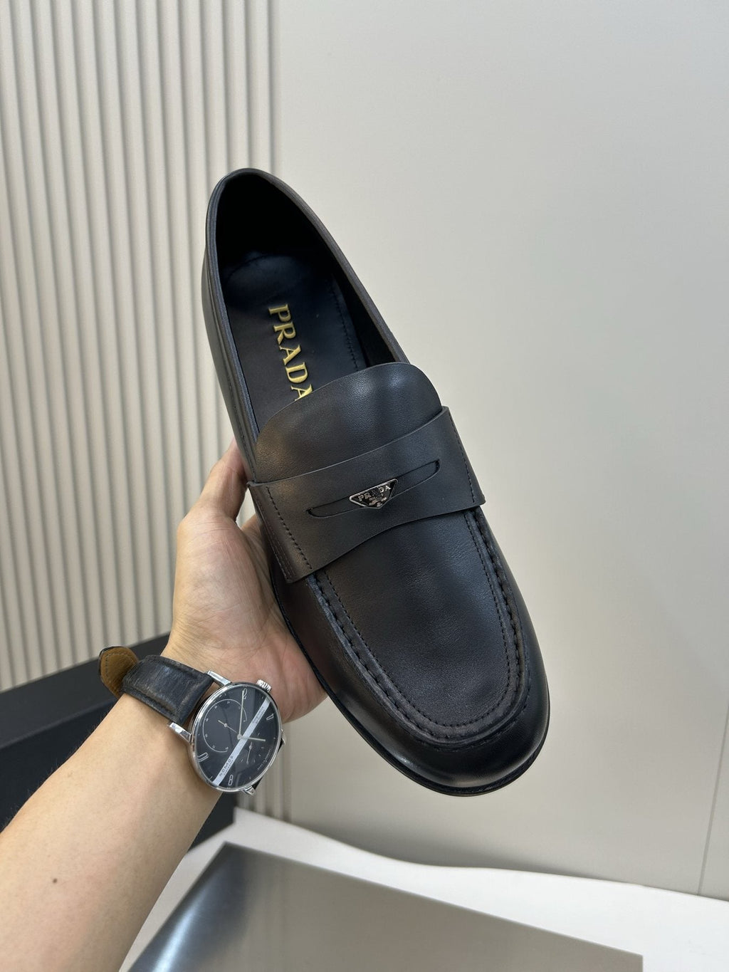 Prada Black Leather Penny Loafers — front