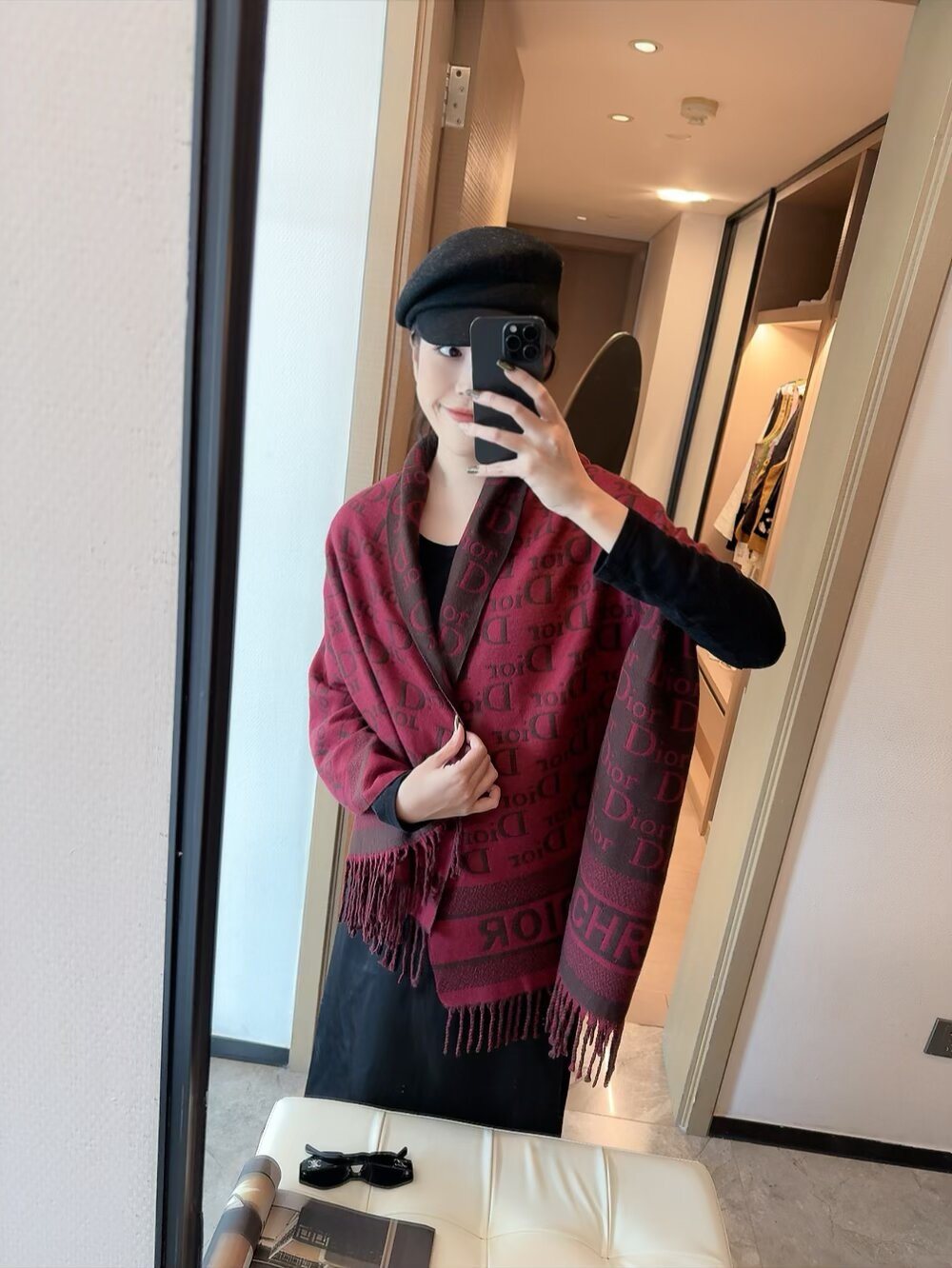 Dior Fringed Monogram Scarf — model