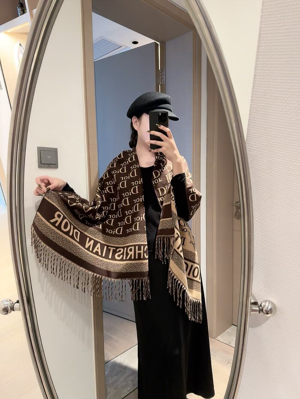Dior Fringed Monogram Scarf — model