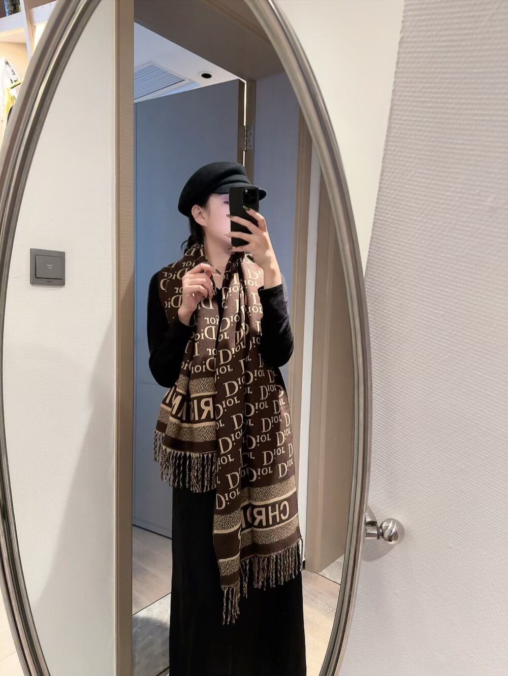 Dior Fringed Monogram Scarf — model