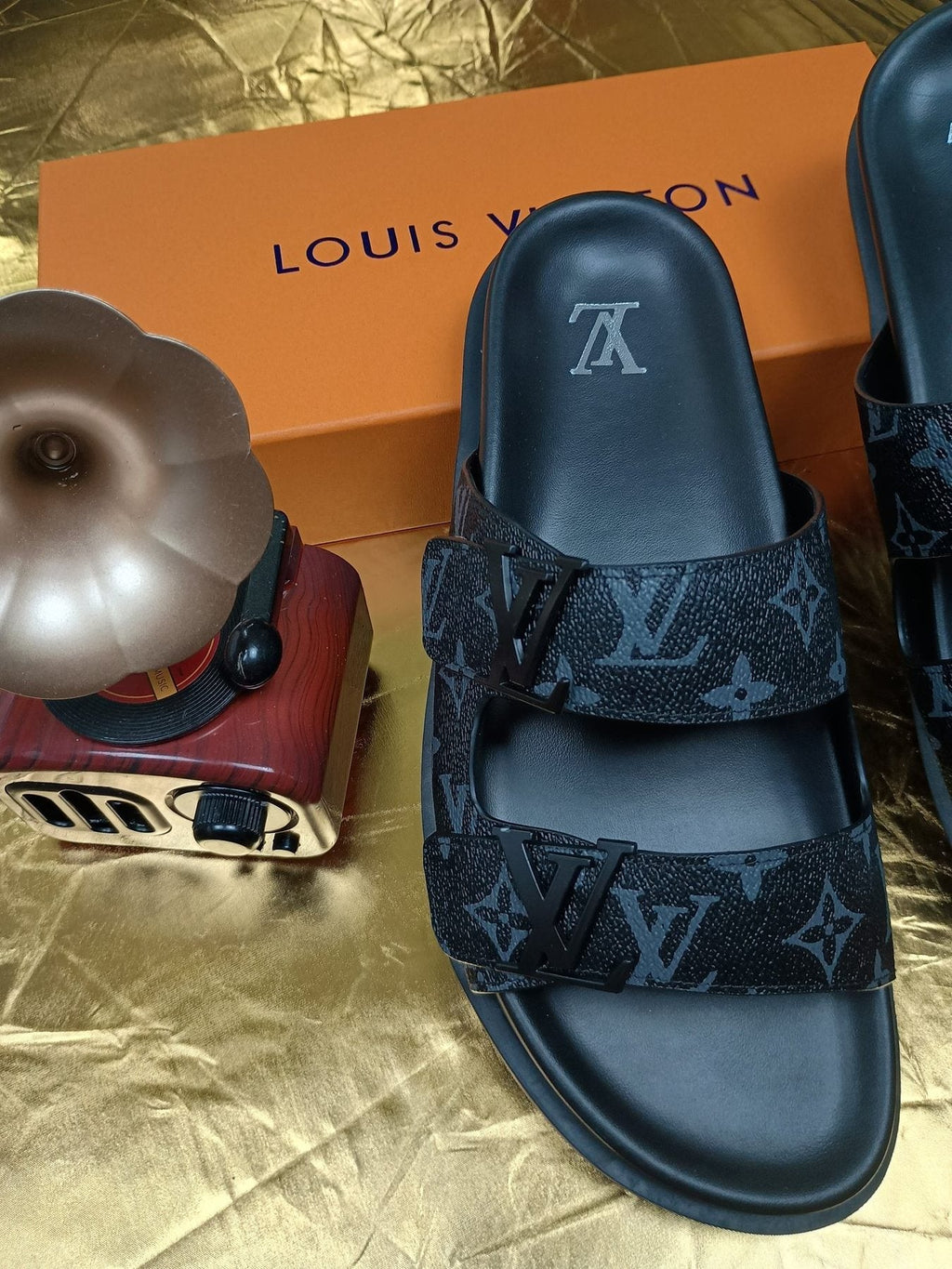 Louis Vuitton Dark Gray Monogram Slide Sandals — front