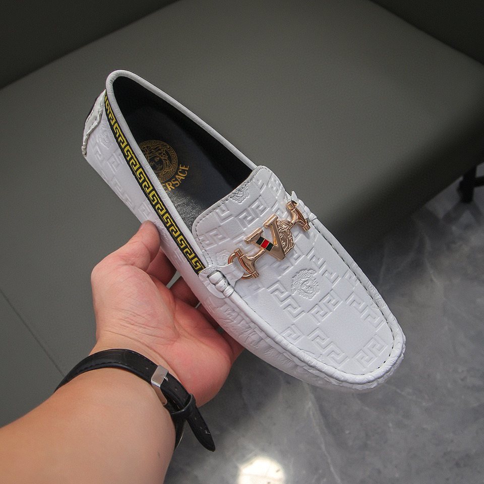 Versace White Textured Slip-On Loafers — front