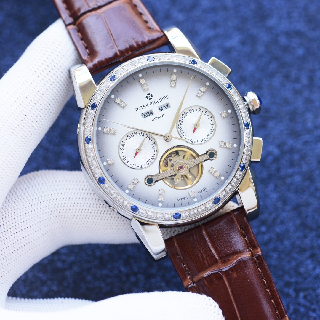 Patek Philippe Silver Brown White Dial Leather Strap Watch — hero