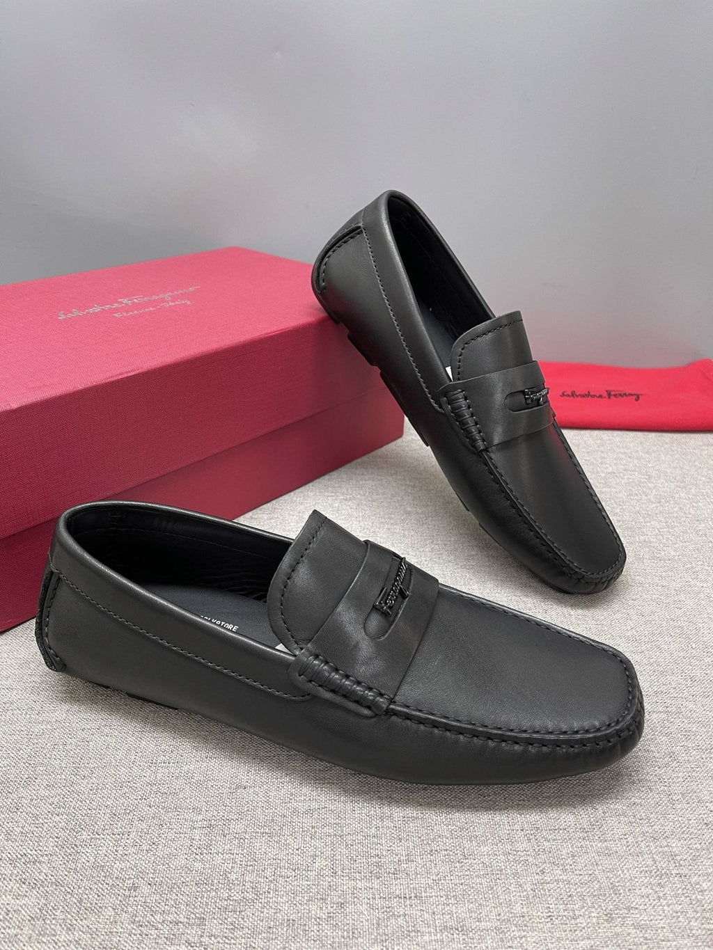 Ferragamo Black Leather Driving Loafers — side