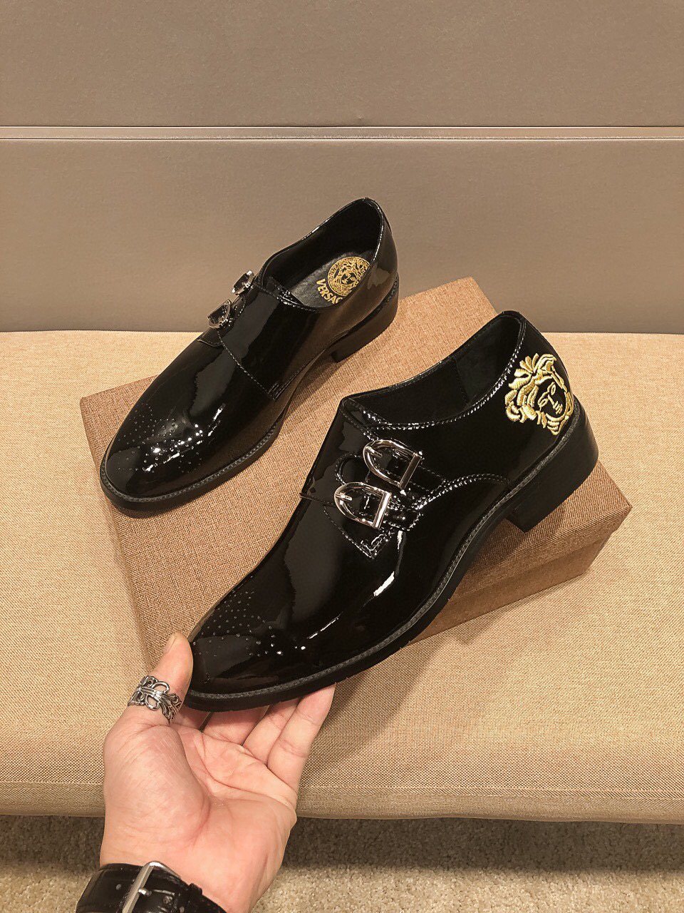 Versace Black Embroidered Dress Shoes — model