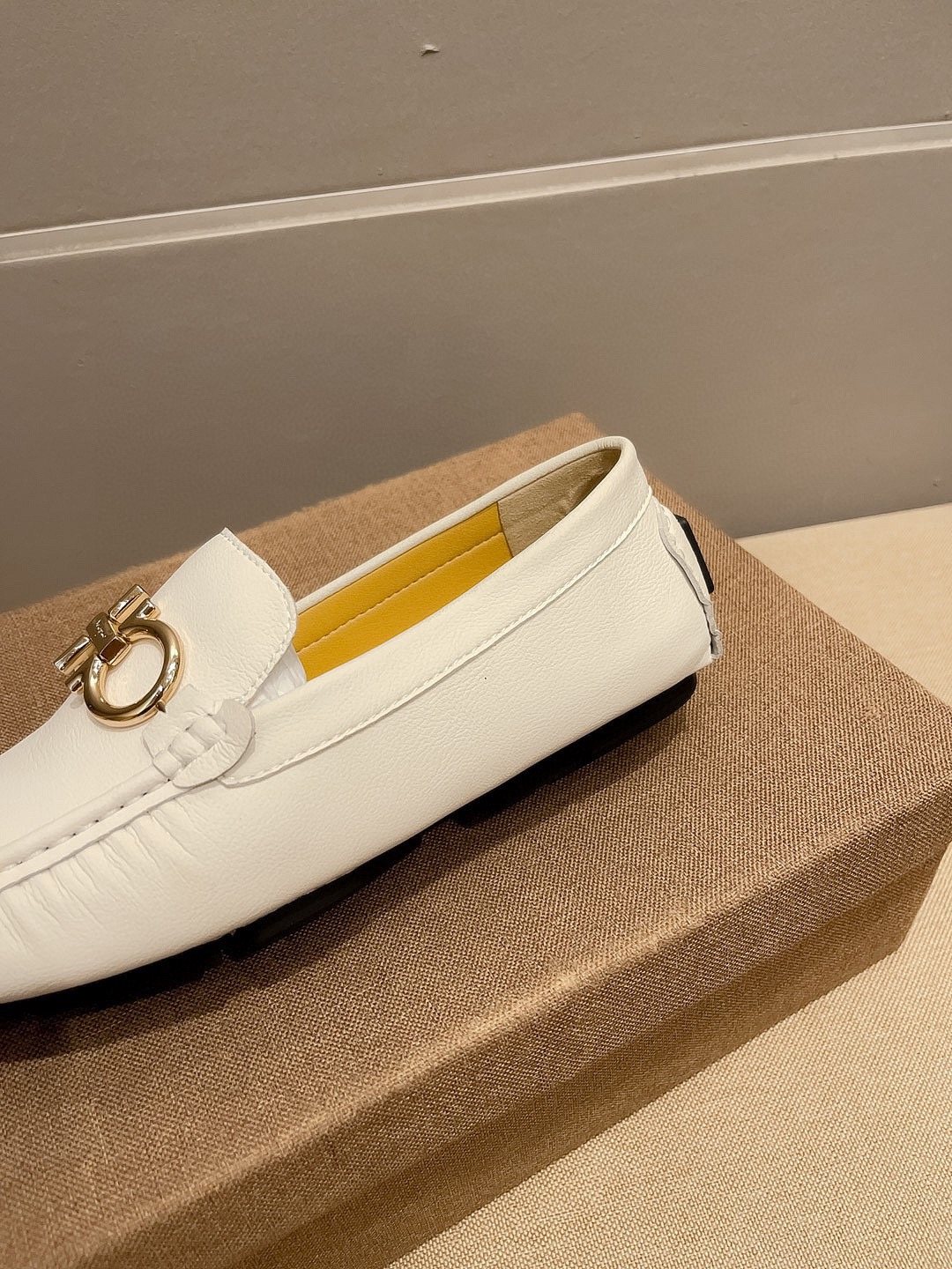 Ferragamo White Hardware Loafers — detail