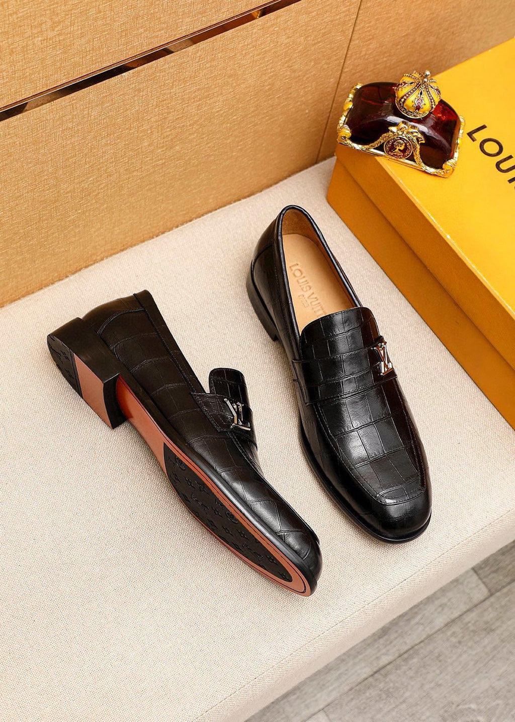 Louis Vuitton Black Embossed Loafers — front