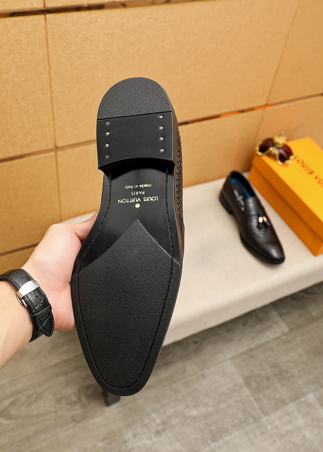 Louis Vuitton Black Textured Tassel Loafers — front
