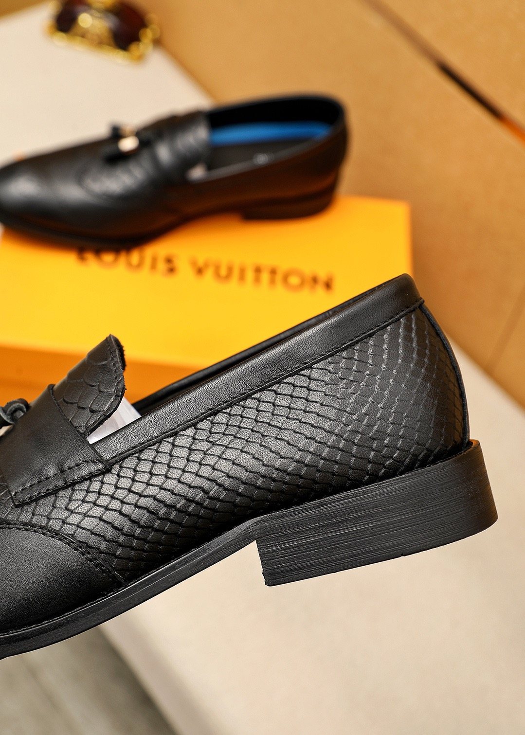 Louis Vuitton Black Textured Tassel Loafers — back