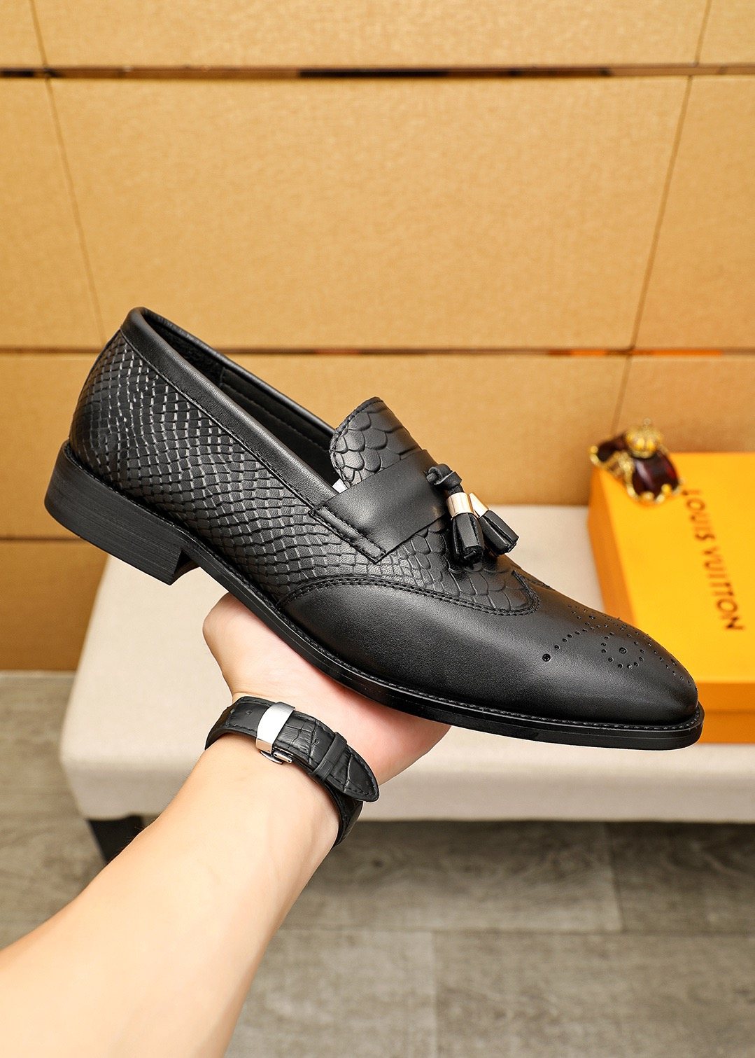 Louis Vuitton Black Textured Tassel Loafers — side