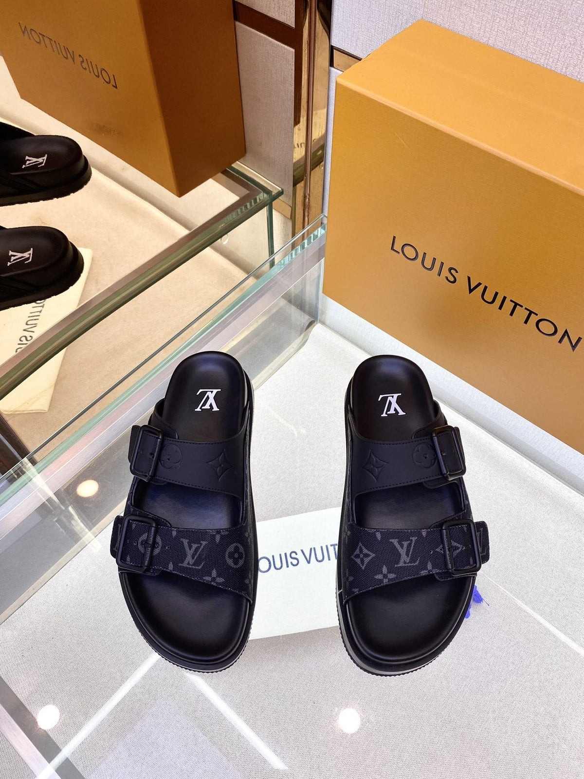 Louis Vuitton Monogram Buckle Slide Sandals — front