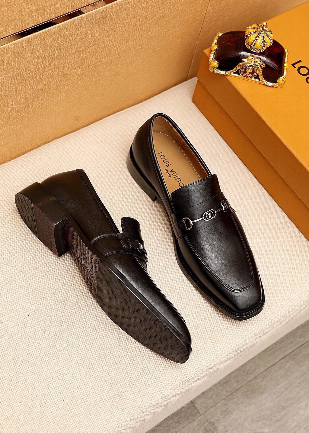Louis Vuitton Black Metal-Bit Leather Loafers — side