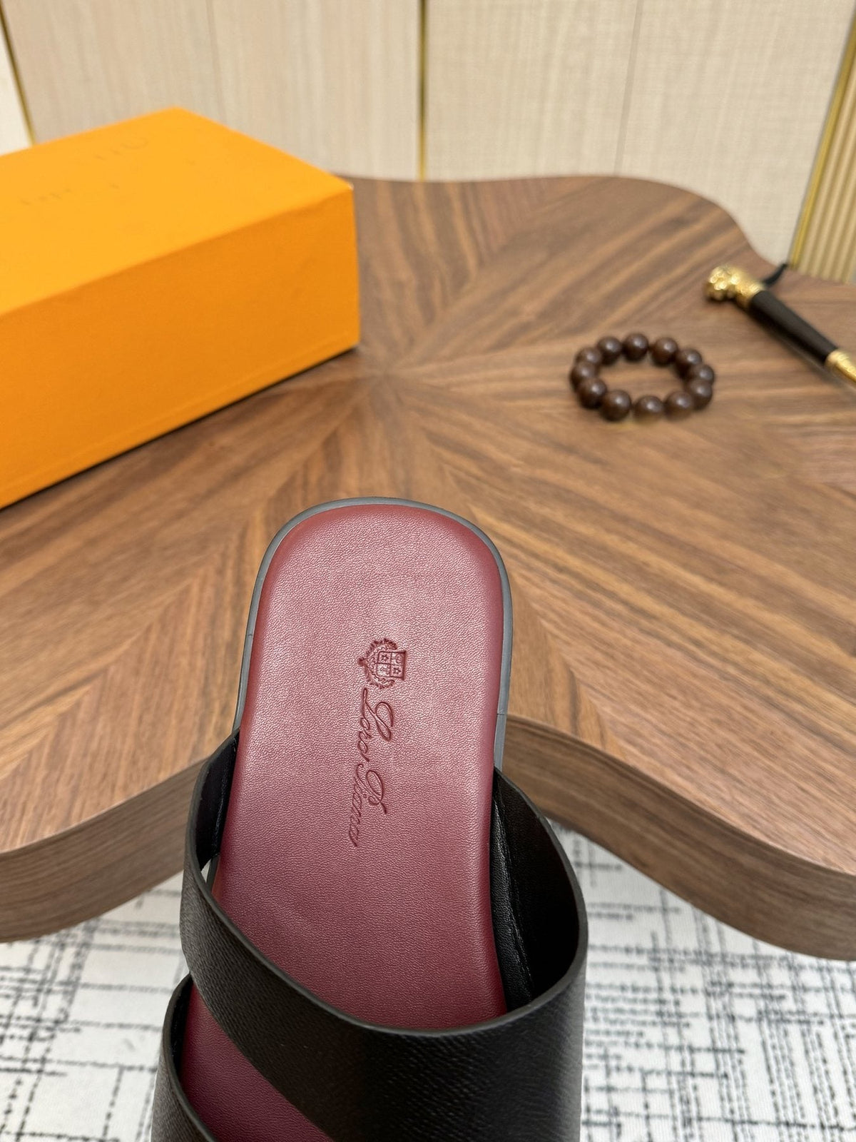 Loro Piana Black and Burgundy Slide Sandals — detail
