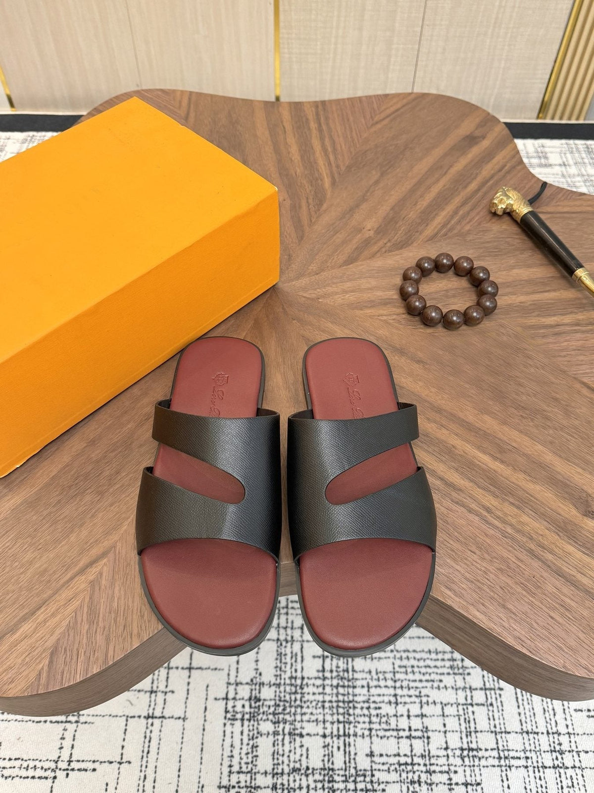 Loro Piana Black and Burgundy Slide Sandals — front
