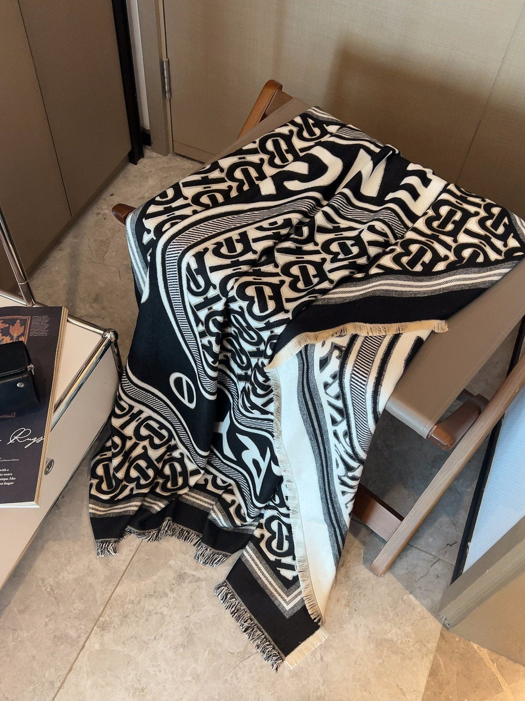 Burberry Black & Ivory Logo Square Scarf — side