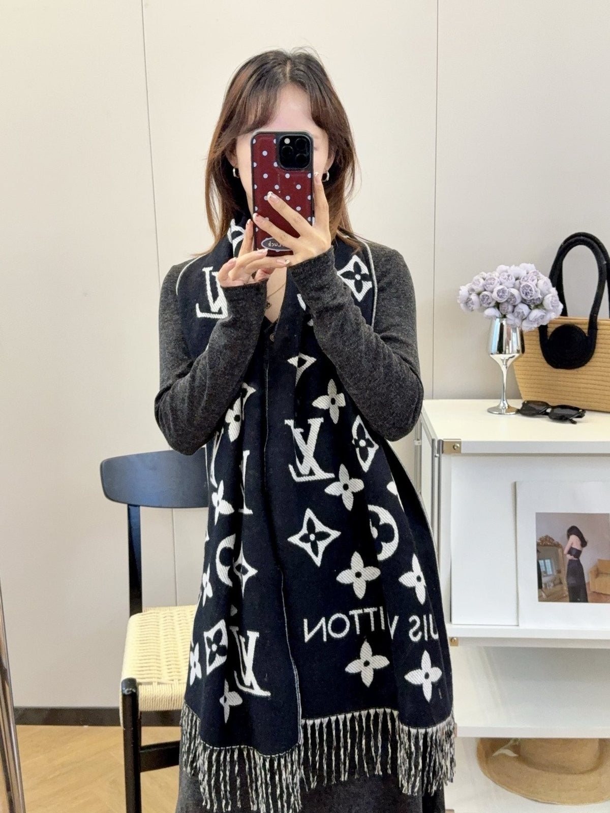Louis Vuitton Reversible Fringed Scarf — model