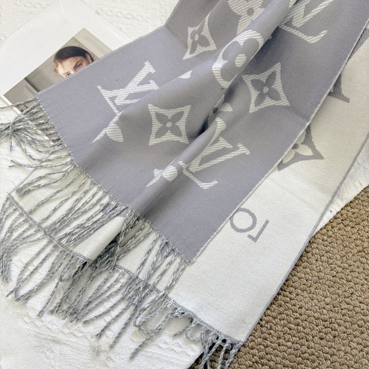 Louis Vuitton Beige & White Fringed Scarf — detail