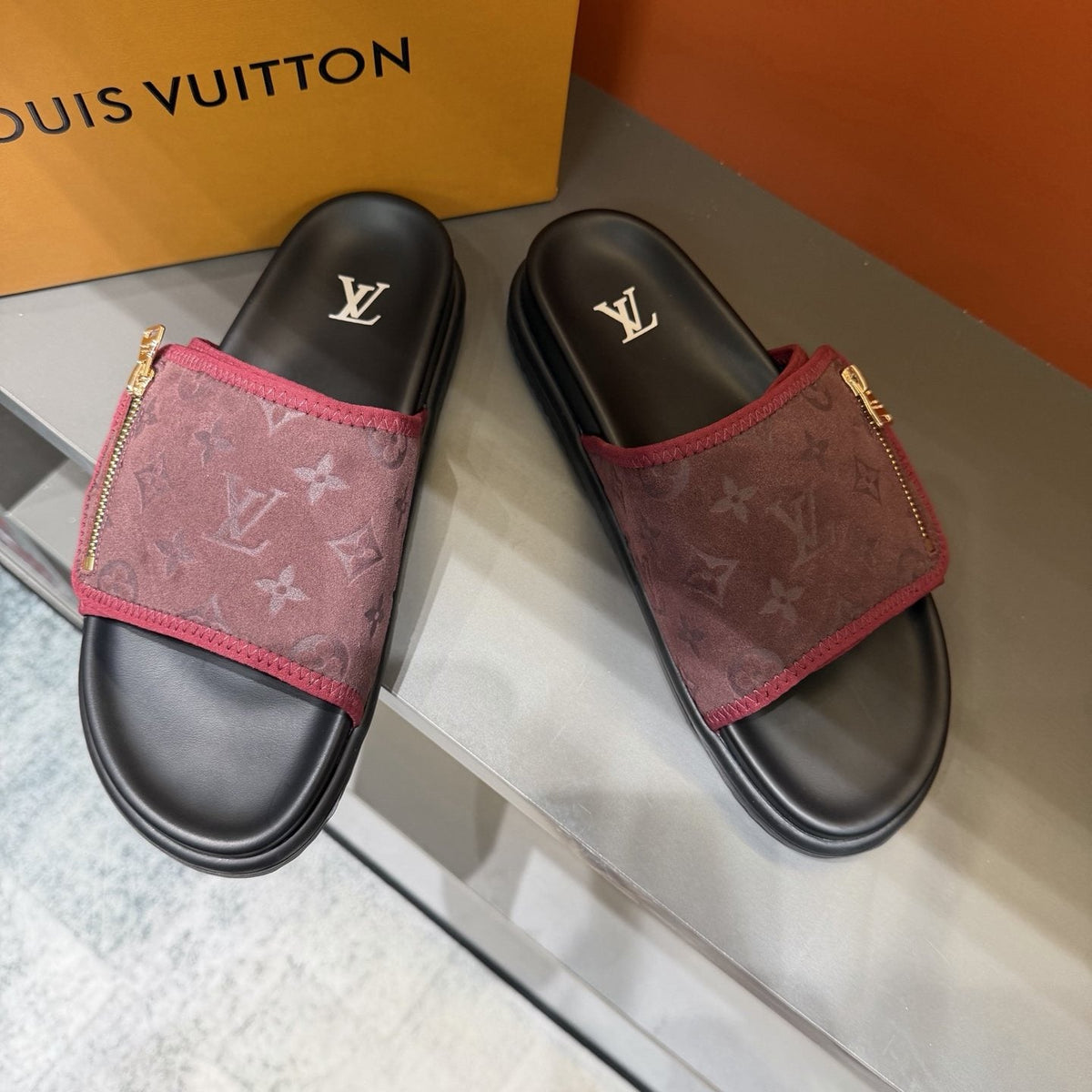 Louis Vuitton Burgundy Patterned Slide Sandals — front