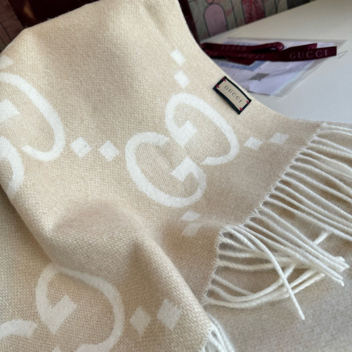 Gucci Beige Cream GG Fringe Scarf — detail