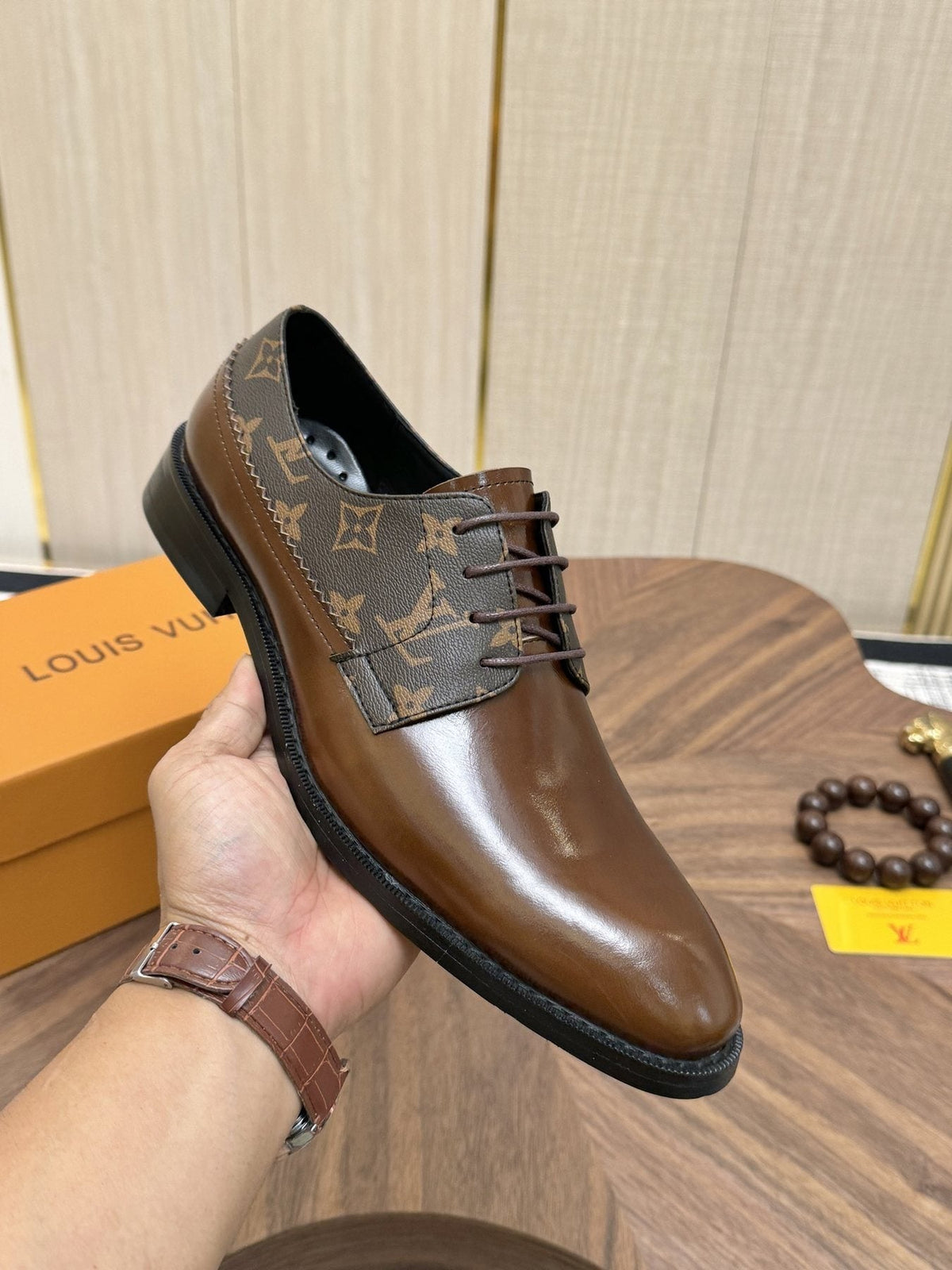Louis Vuitton Brown Monogram Lace-Up Dress Shoes — model