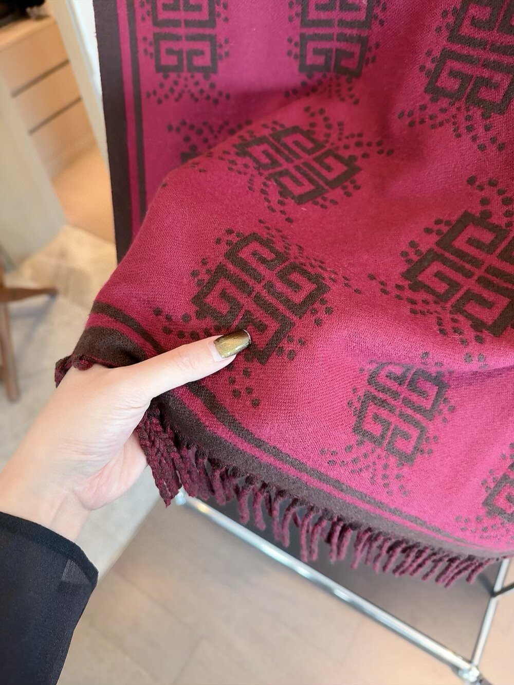 Givenchy Burgundy Geometric Fringe Scarf — detail