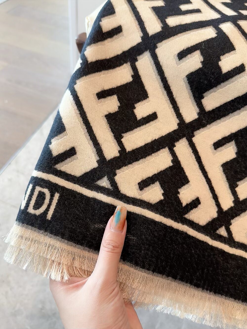 Fendi Geometric Monogram Fringe Scarf — detail