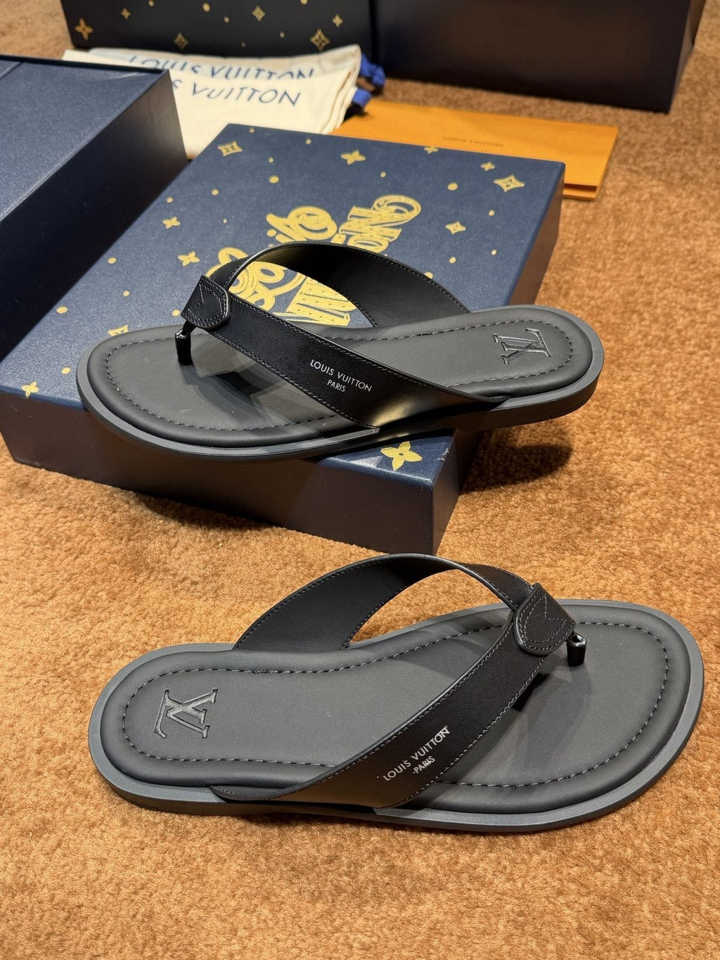 Louis Vuitton Dark Gray and Black Thong Sandals — side