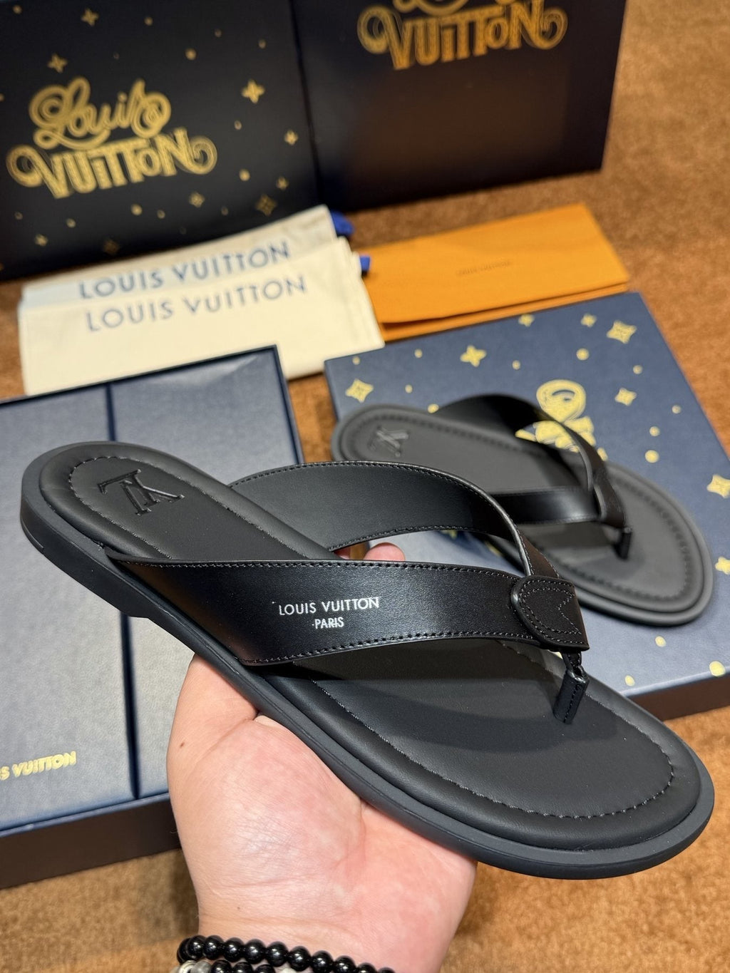Louis Vuitton Dark Gray and Black Thong Sandals — model