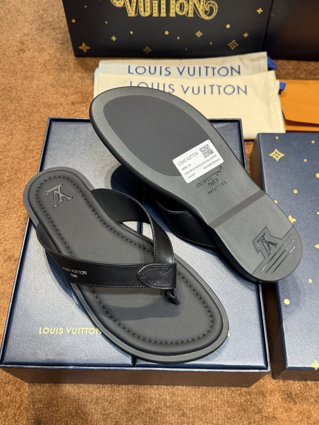 Louis Vuitton Dark Gray and Black Thong Sandals — back