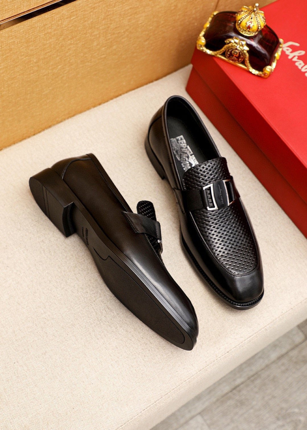 Ferragamo Black Buckle Loafers — front