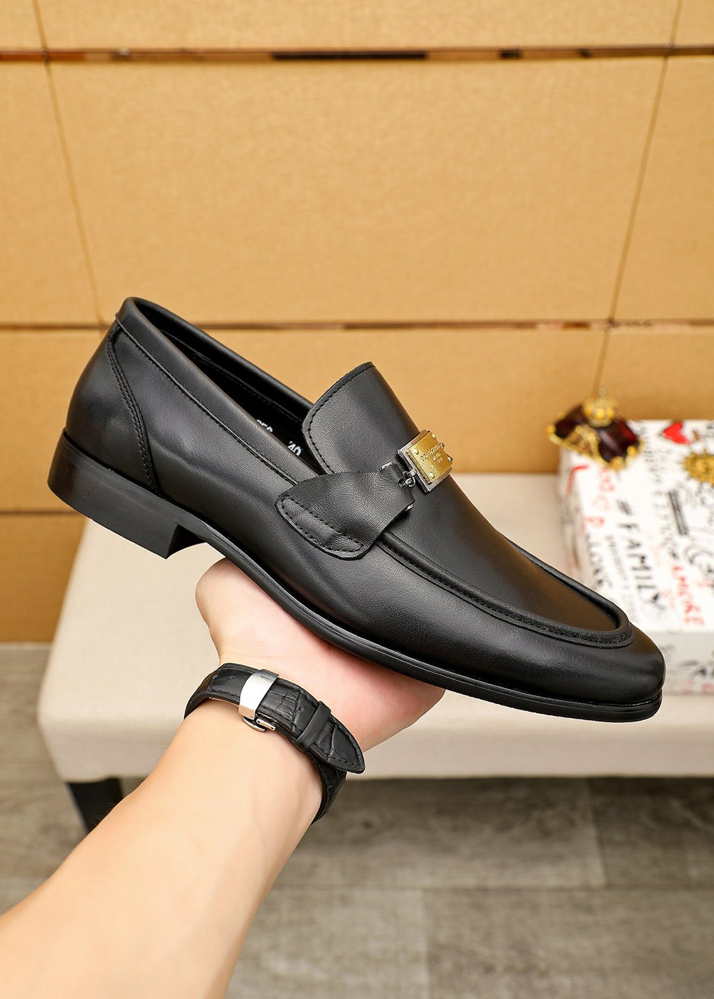 Black Gold-Tone Buckle Loafers — side