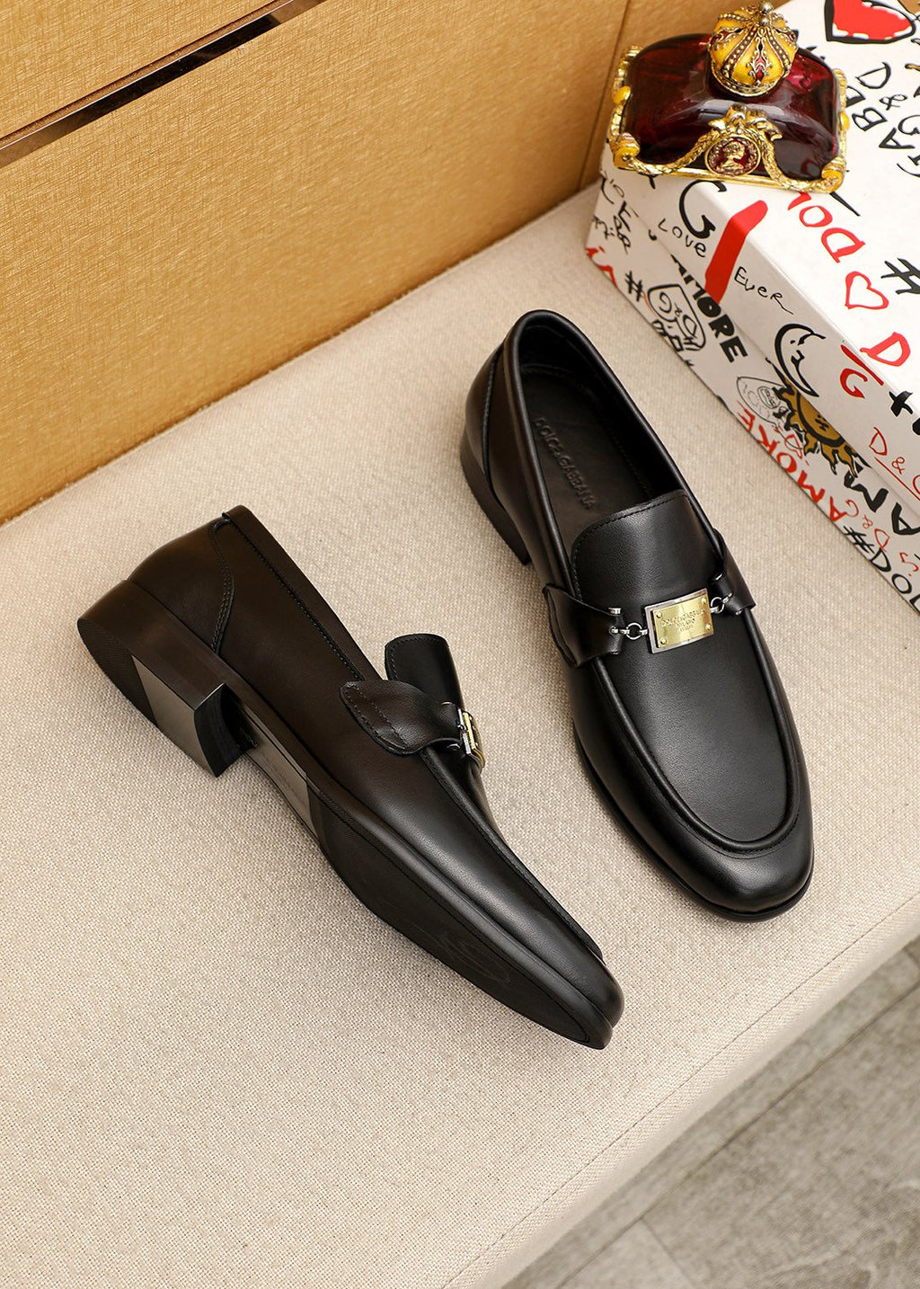 Black Gold-Tone Buckle Loafers — front