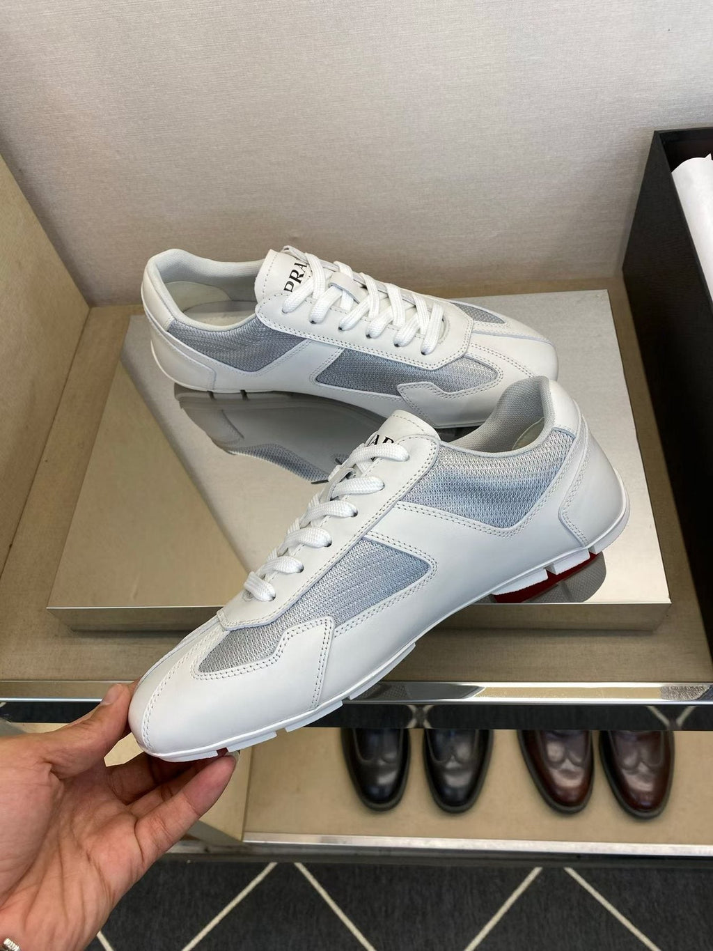 Prada White and Light Gray Low-Top Sneakers — side