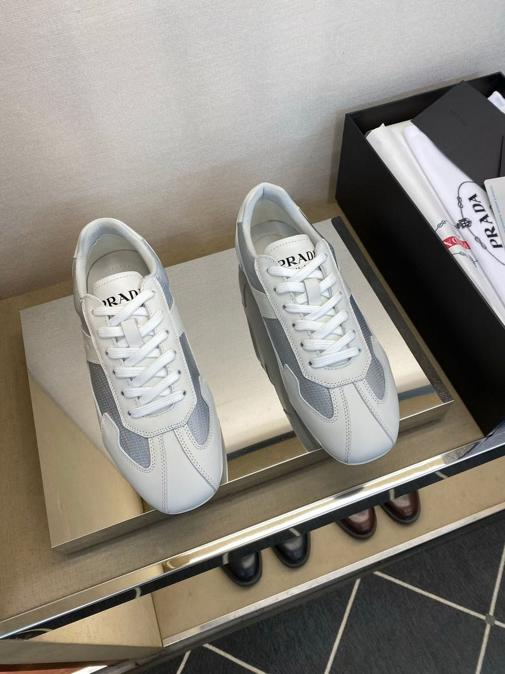 Prada White and Light Gray Low-Top Sneakers — hero
