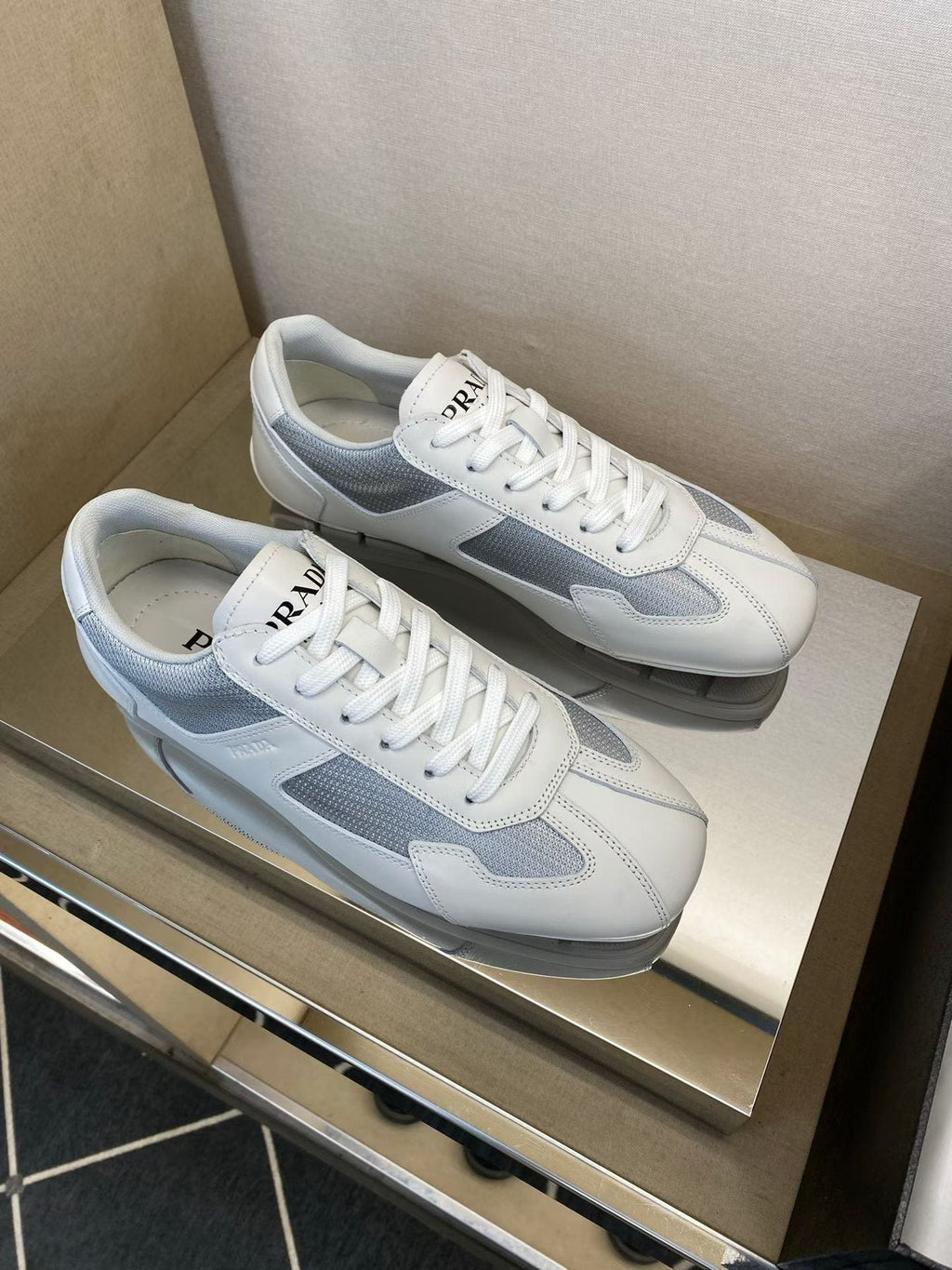 Prada White and Light Gray Low-Top Sneakers — side