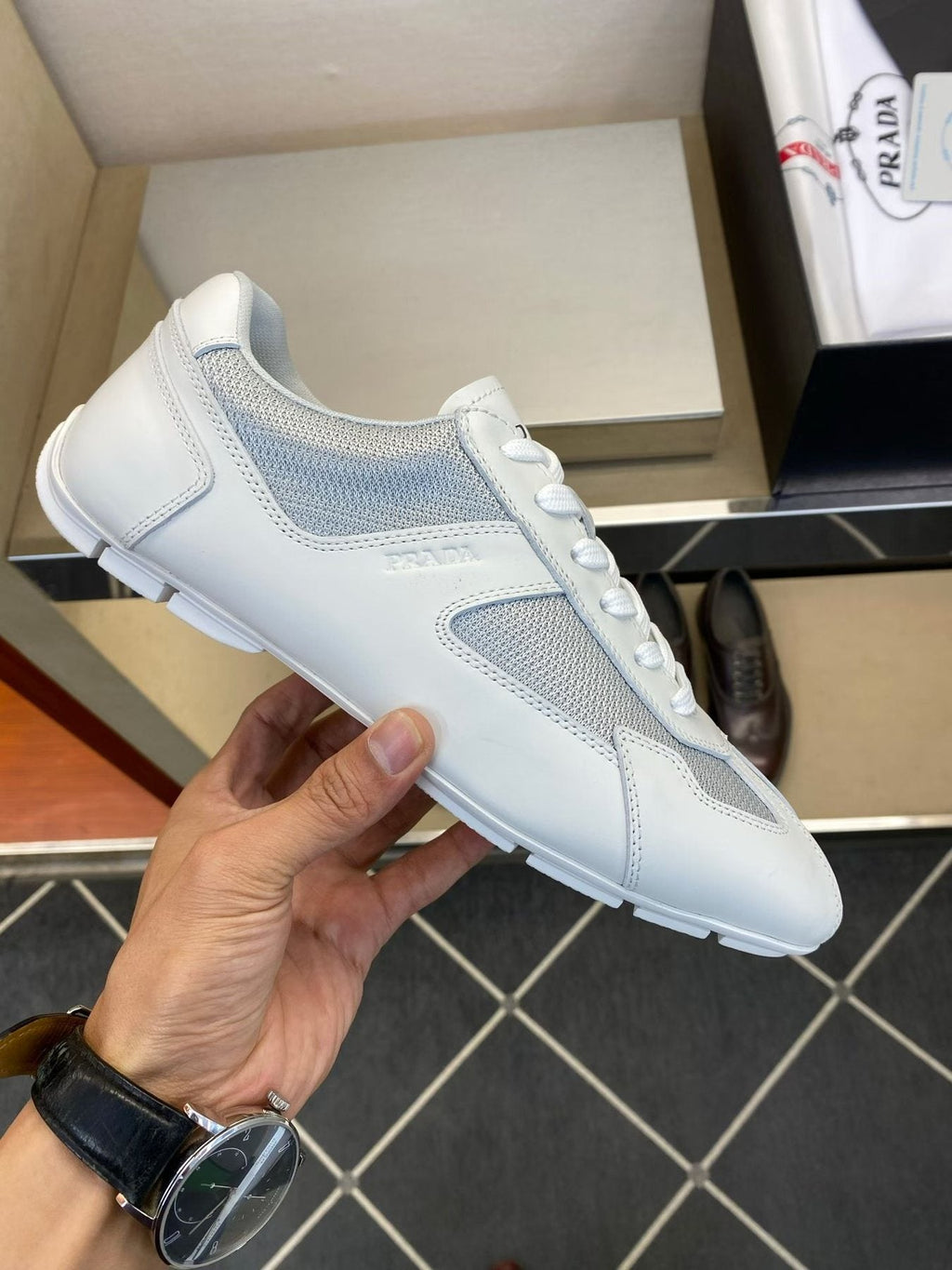 Prada White and Light Gray Low-Top Sneakers — side