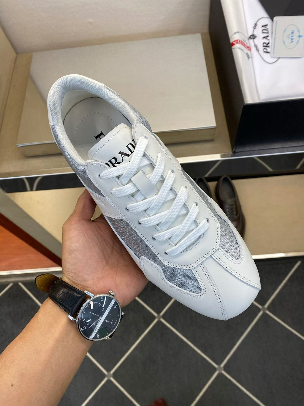 Prada White and Light Gray Low-Top Sneakers — model