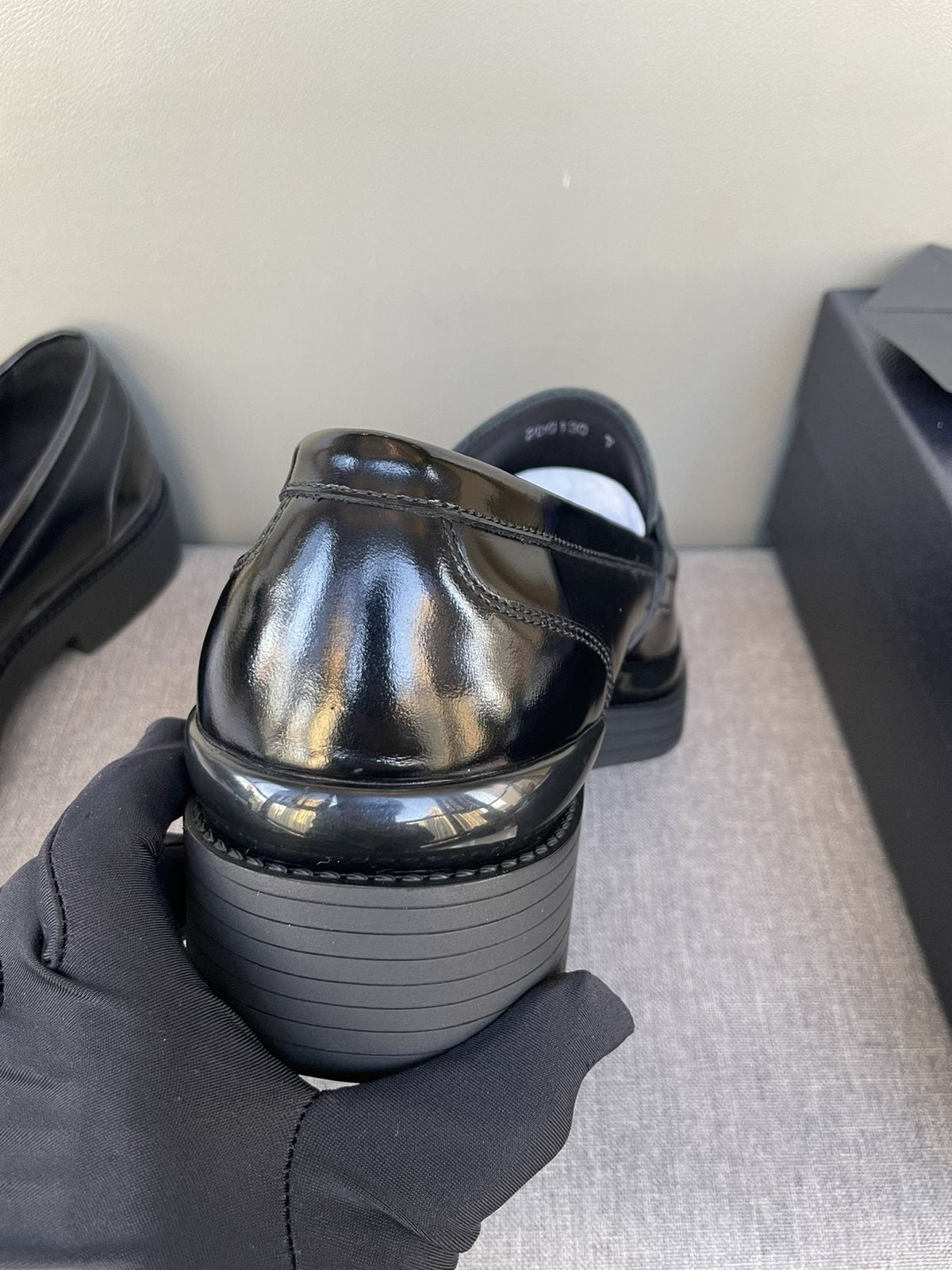 Prada Black Glossy Strap Loafers — detail