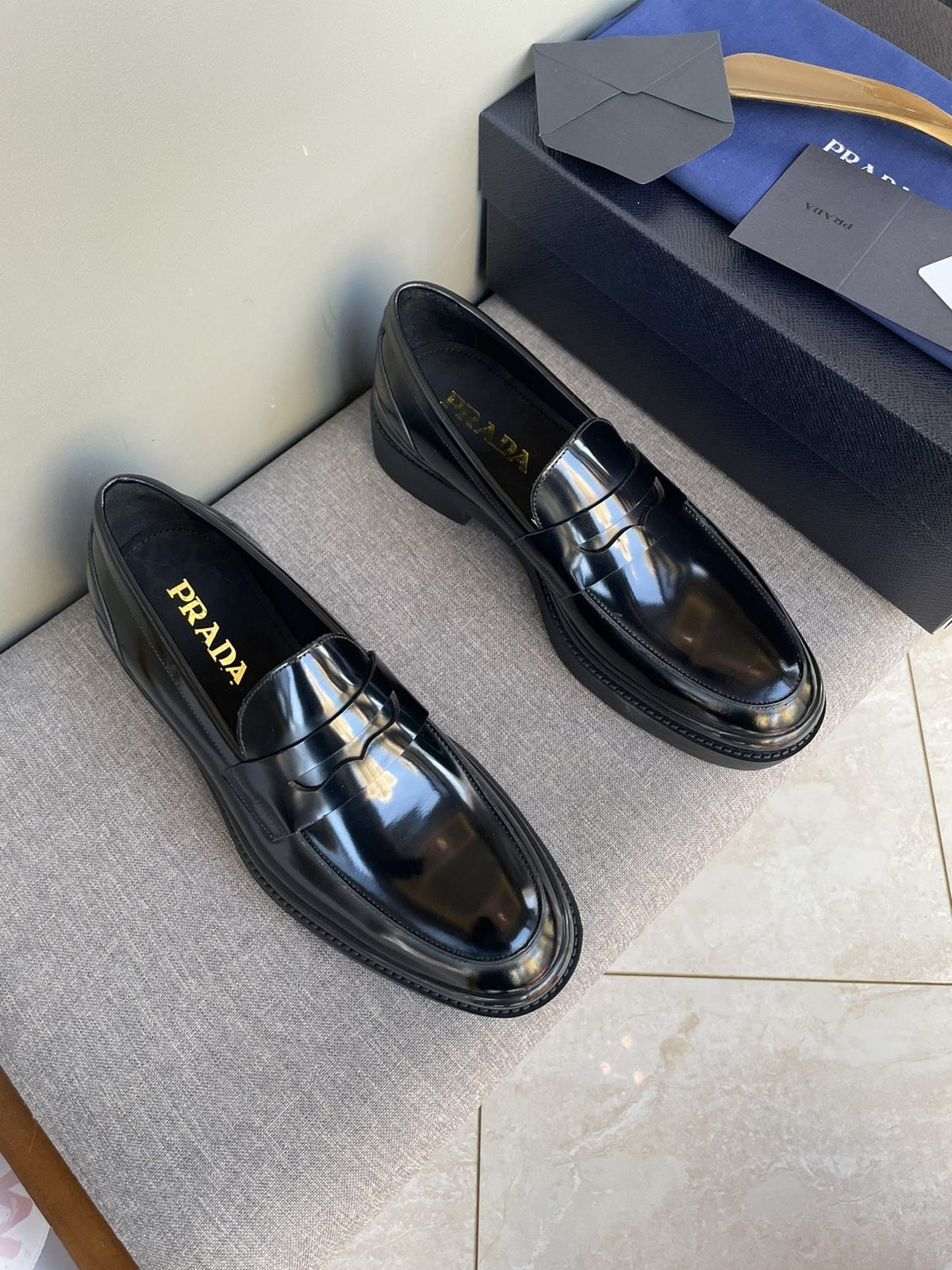 Prada Black Glossy Strap Loafers — hero
