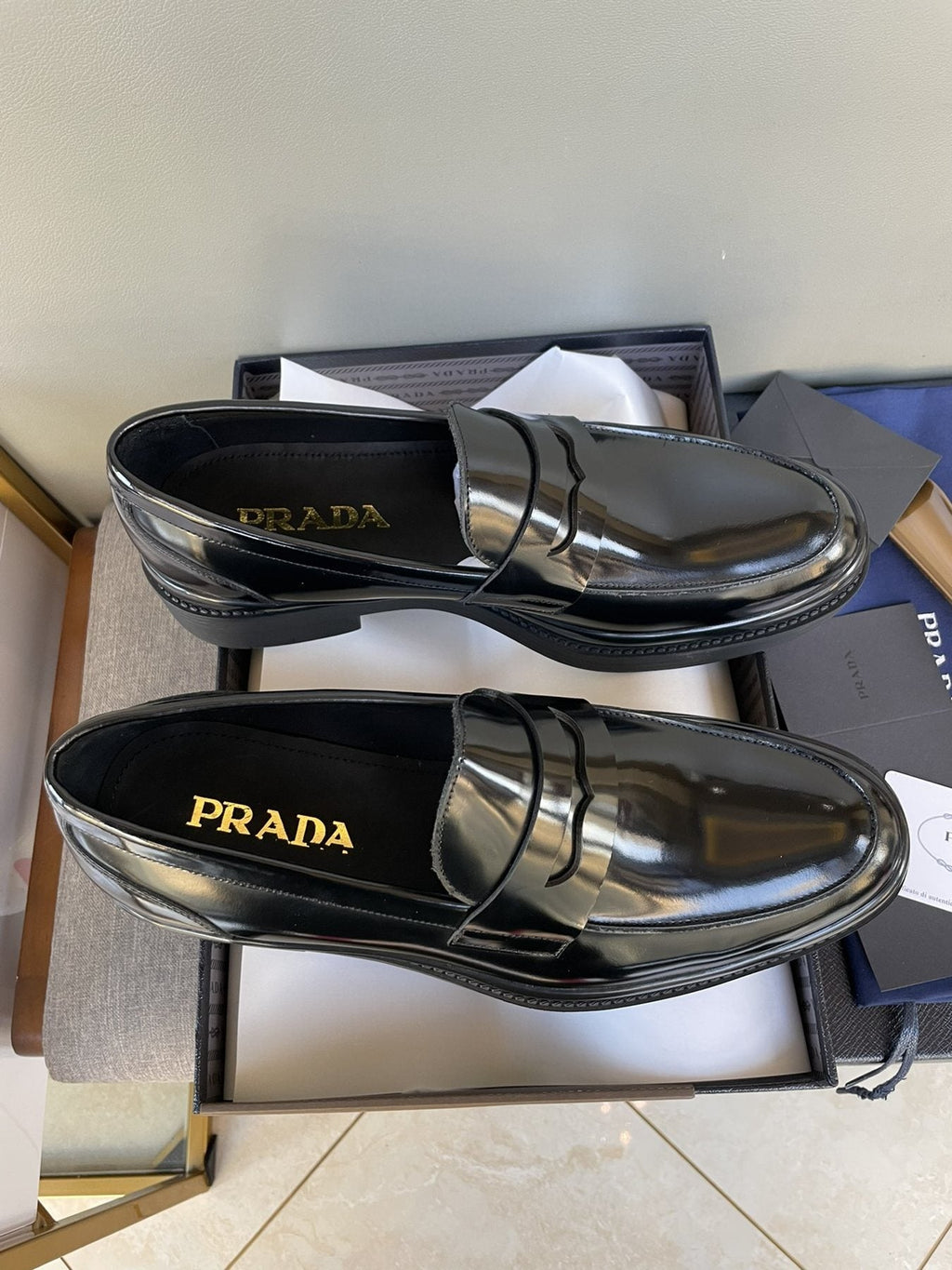 Prada Black Glossy Strap Loafers — front